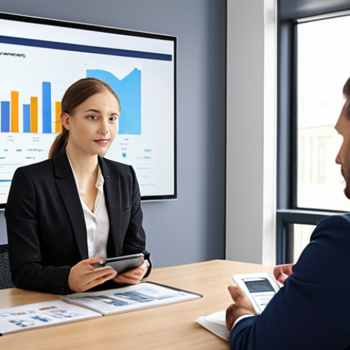 Home 15 **
A young professional confidently negotiating salary during a job interview in a modern office setting. The focus is on positive body language and the use of a tablet displaying market research data on industry salaries (Gehaltsvergleich.com or Kununu website visible). The background shows diverse colleagues working collaboratively.
**