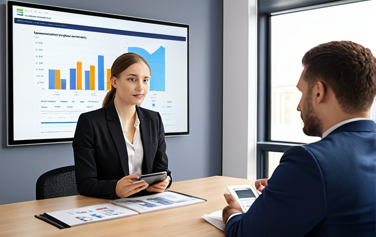 **
A young professional confidently negotiating salary during a job interview in a modern office setting. The focus is on positive body language and the use of a tablet displaying market research data on industry salaries (Gehaltsvergleich.com or Kununu website visible). The background shows diverse colleagues working collaboratively.
**