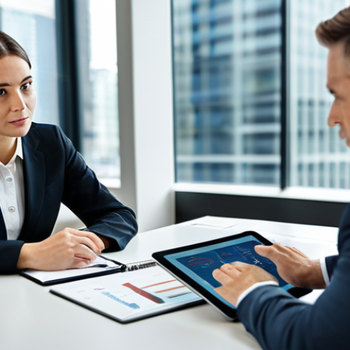 Home 8 A professional asset manager in a modest, dark business suit, sitting across from a client at a polished, modern conference table. They are engaged in a serious, focused discussion, with a tablet showing abstract financial graphs between them. The background is a contemporary, well-lit office interior with a blurred city view through large windows. The atmosphere is one of trust and professionalism. Professional photography style, subtle depth of field. fully clothed, appropriate attire, safe for work, perfect anatomy, natural pose, well-formed hands, correct proportions, professional, family-friendly, high quality image.