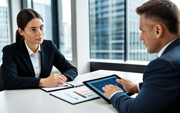 A professional asset manager in a modest, dark business suit, sitting across from a client at a polished, modern conference table. They are engaged in a serious, focused discussion, with a tablet showing abstract financial graphs between them. The background is a contemporary, well-lit office interior with a blurred city view through large windows. The atmosphere is one of trust and professionalism. Professional photography style, subtle depth of field. fully clothed, appropriate attire, safe for work, perfect anatomy, natural pose, well-formed hands, correct proportions, professional, family-friendly, high quality image.