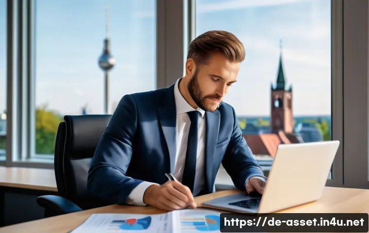 자산관리사 필기 시험 문제 유형 분석 - A professional German financial advisor in a modern office setting, engaged in a client consultation...