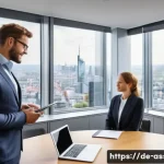 Home 18 자산관리사 자격증 응시 조건 - A professional German financial advisor in a modern office setting, dressed in a sharp business suit...