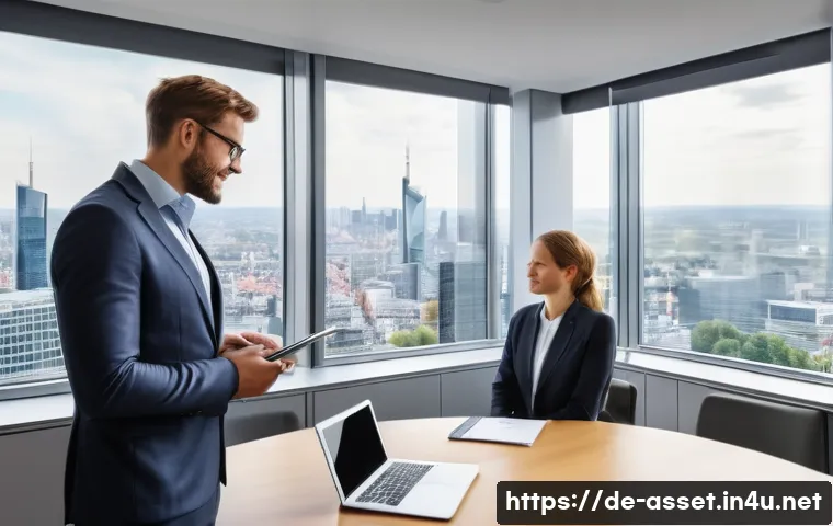 자산관리사 자격증 응시 조건 - A professional German financial advisor in a modern office setting, dressed in a sharp business suit...