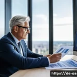 Home 23 자산관리사 업무 사례 - A professional financial advisor in a modern office setting, reviewing detailed charts and documents...