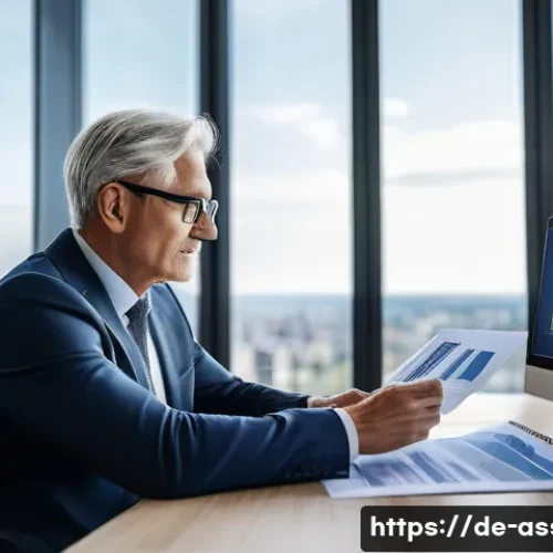 Home 17 자산관리사 업무 사례 - A professional financial advisor in a modern office setting, reviewing detailed charts and documents...