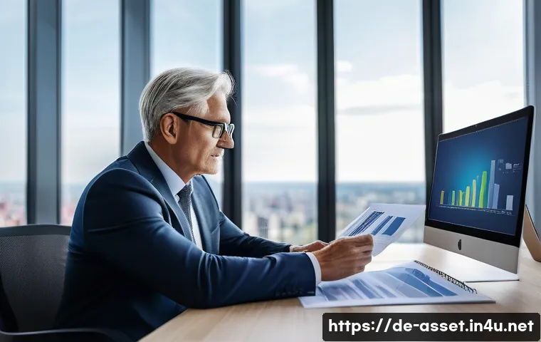 자산관리사 업무 사례 - A professional financial advisor in a modern office setting, reviewing detailed charts and documents...