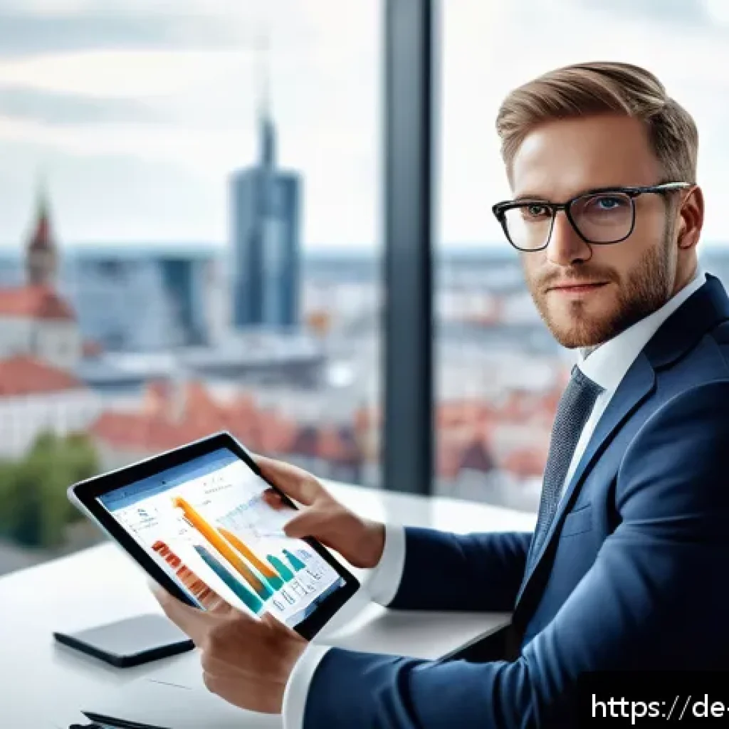 자산관리사 이직 성공 사례 - A modern financial advisor in a sleek office setting in Germany, dressed professionally in business ...