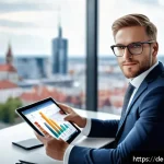 자산관리사 이직 성공 사례 - A modern financial advisor in a sleek office setting in Germany, dressed professionally in business ...