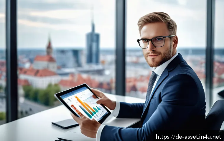 자산관리사 이직 성공 사례 - A modern financial advisor in a sleek office setting in Germany, dressed professionally in business ...