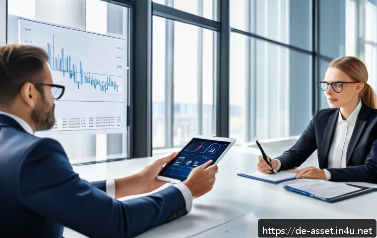 자산관리사 필수 법규와 규정 - A professional financial advisor in a modern office in Germany, explaining complex regulatory docume...